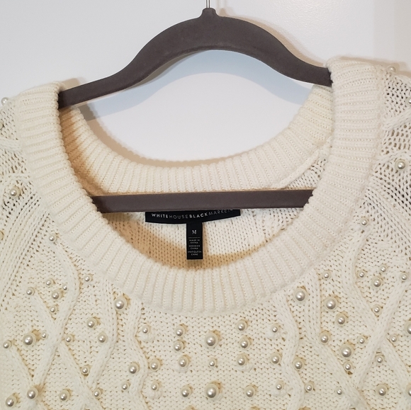 White House Black Market Wool Blend Cable Knit Sweater Pearls Cream Size… - Picture 3 of 11